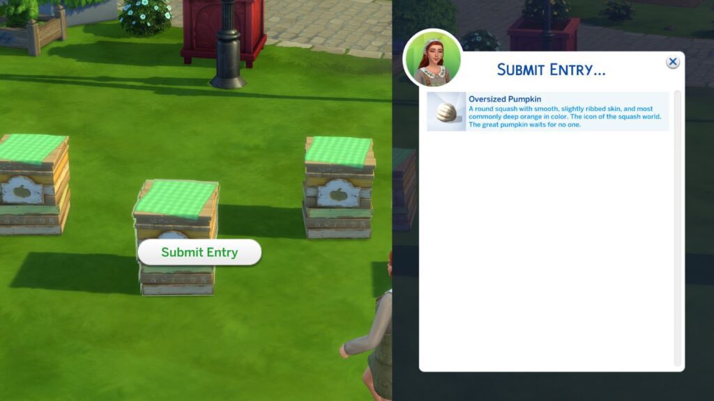 A screenshot from The Sims 4 showing how to enter the oversized crop competition