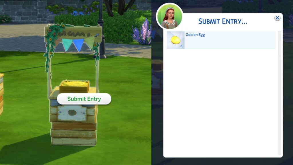 A screenshot from The Sims 4 showing how to enter the egg fair competition