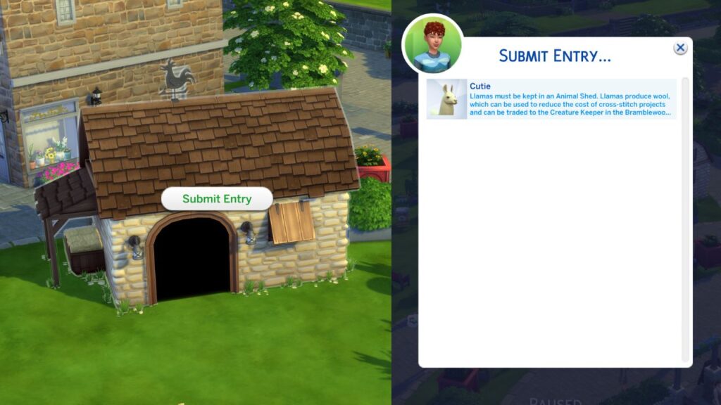 A screenshot from The Sims 4 showing how to submit a llama at the Finchwick Fair