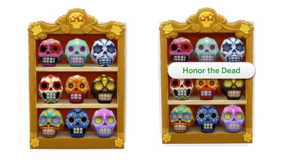 A screenshot from The Sims 4 showing the honor the dead interaction with sugar skulls