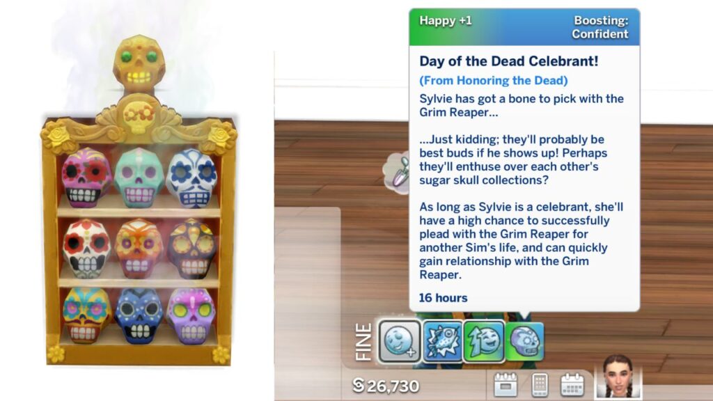A screenshot from The Sims 4 showing the result of honoring the dead and the moodlet you get when you do