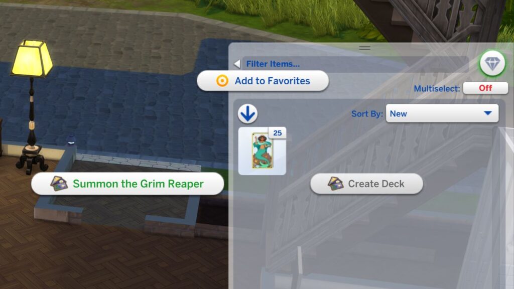 A screenshot from The Sims 4 showing how to summon the grim reaper from a tarot deck