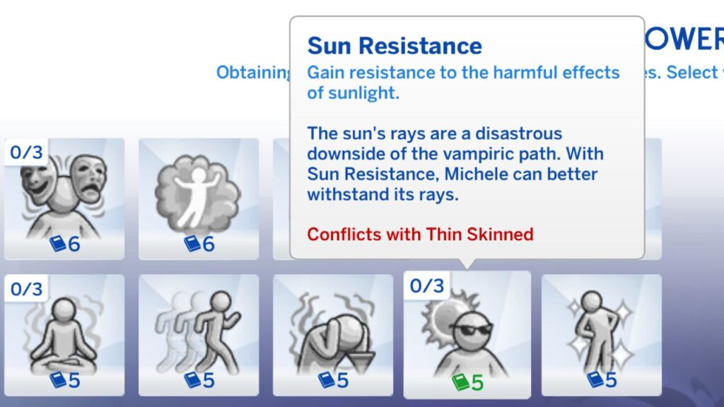 A screenshot from The Sims 4 showing the sun resistance vampire perk 