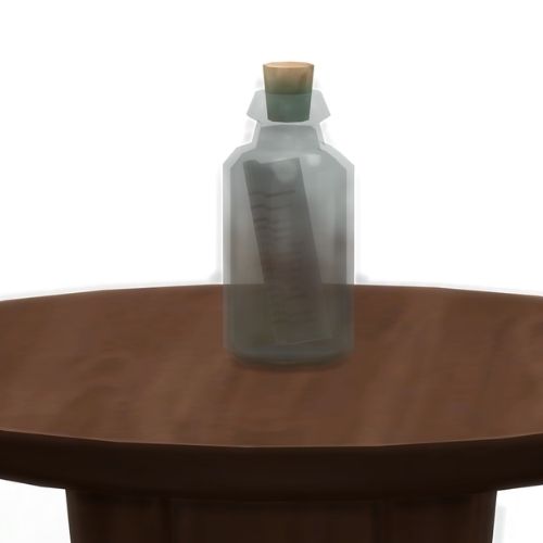 A screenshot from The Sims 4 showing a wooden table with a short glass bottle with cork on top