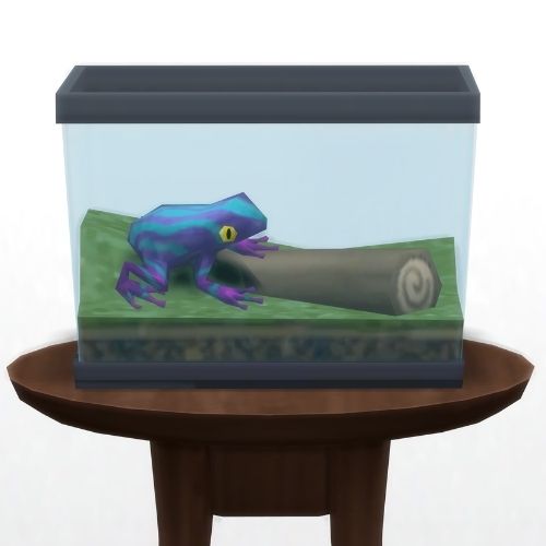 A screenshot from The Sims 4 showing a circle table with a terrarium on top and a surfer eggplant frog inside