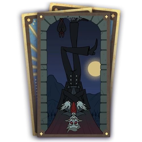 A set of three cards, the bottom two are face down. The top card has a vampire hanging upside down beside a bat