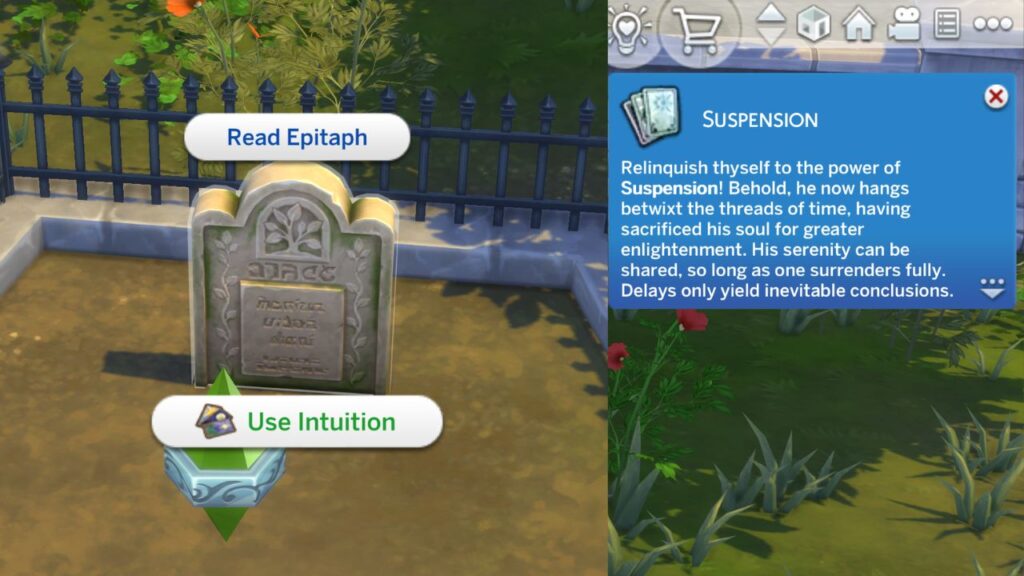 A screenshot from The Sims 4 showing how to use intuition on a gravestone