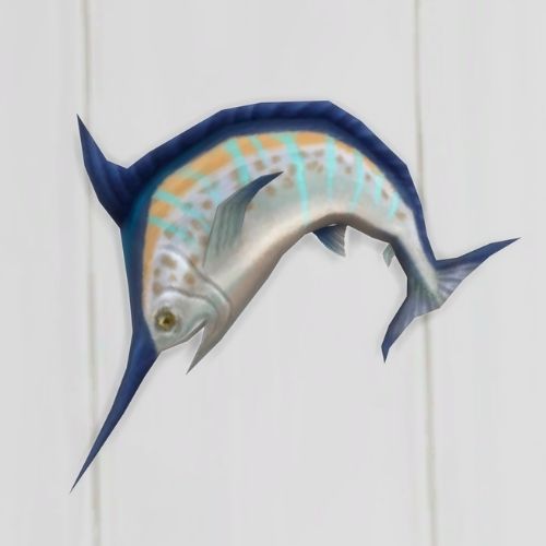 A screenshot from The Sims 4 showing a white floor with a swordfish