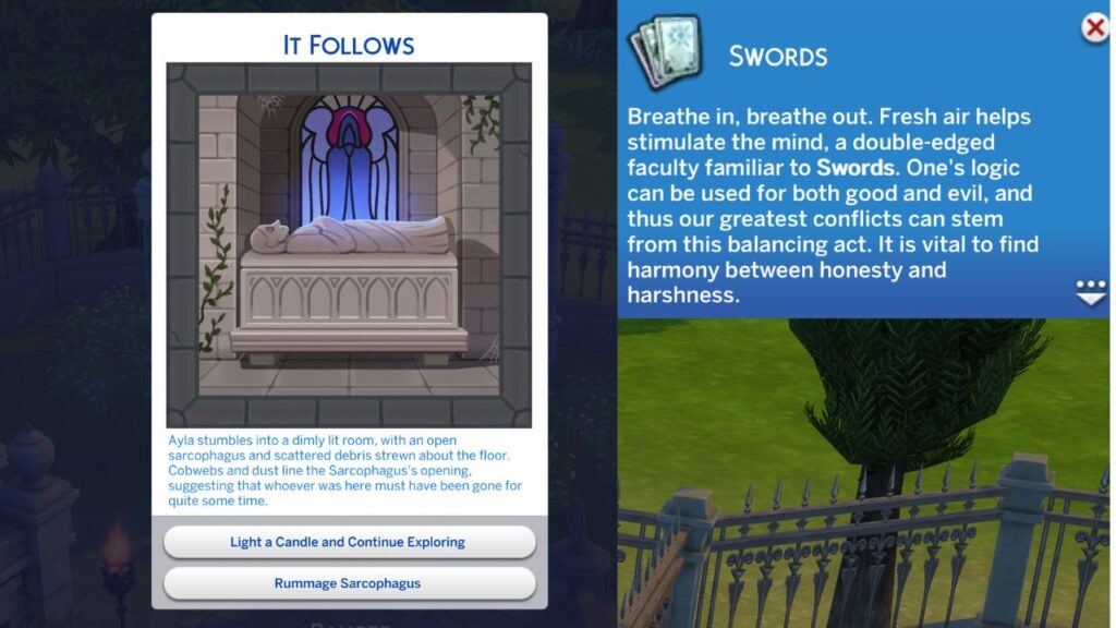 A screenshot from The Sims 4 showing the It Follows action card from exploring a crypt to get a sword tarot card