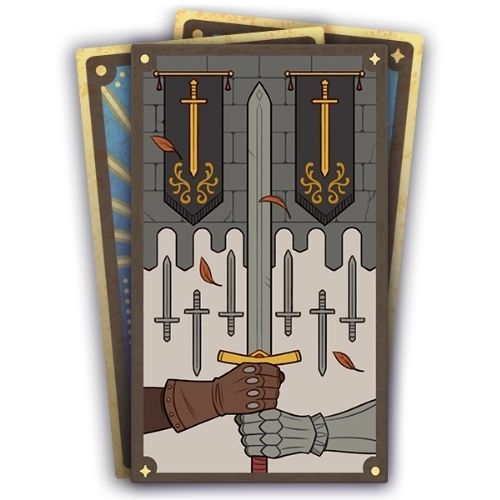 A set of three cards, the bottom two are face down. The top card has two hands holding a sword