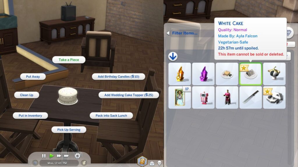 A screenshot from The Sims 4 showing how to take a slice into a sim's inventory from a baked cake