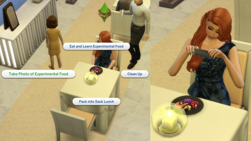 A screenshot from The Sims 4 showing the option to take photos of experimental food