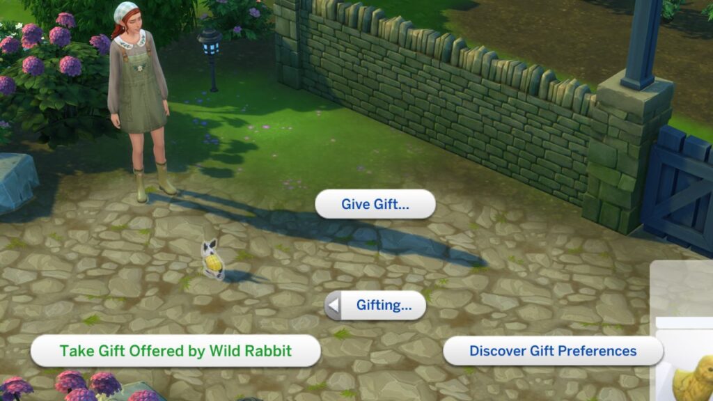 A screenshot from The Sims 4 showing how to get a gift from a wild rabbit