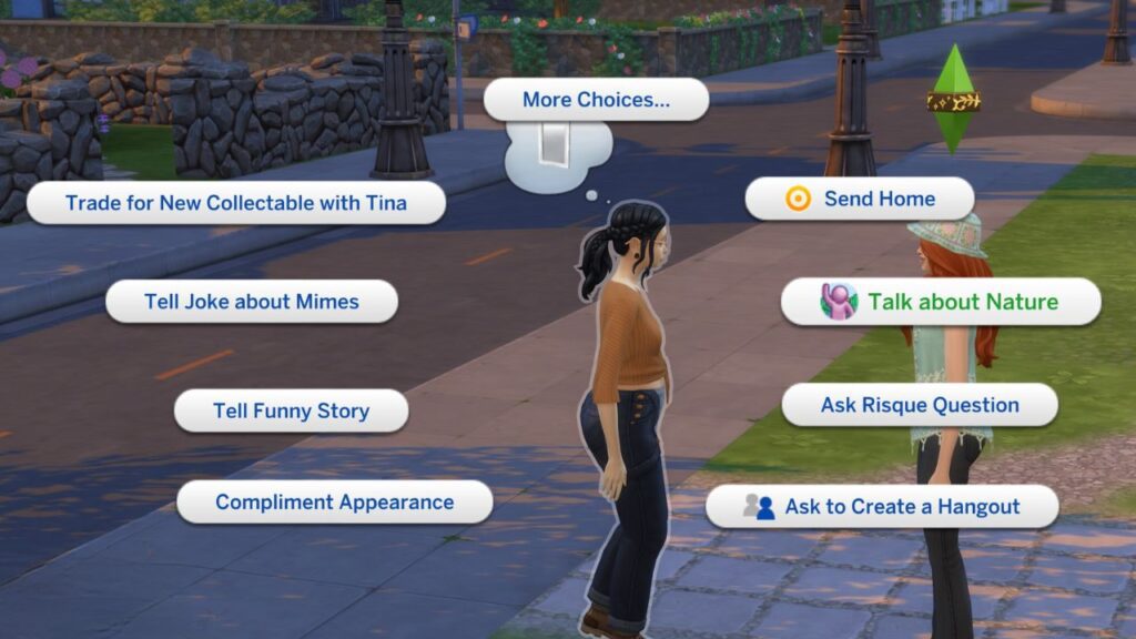 A screenshot from The Sims 4 showing the talk to nature social interaction 