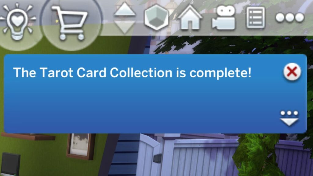 A screenshot from The Sims 4 showing the notification you can get from finding all tarot cards 