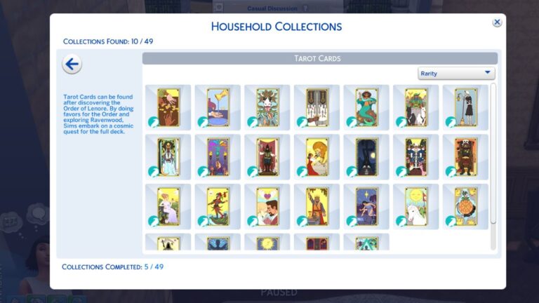 A screenshot from The Sims 4 showing the tarot card collection in household collections