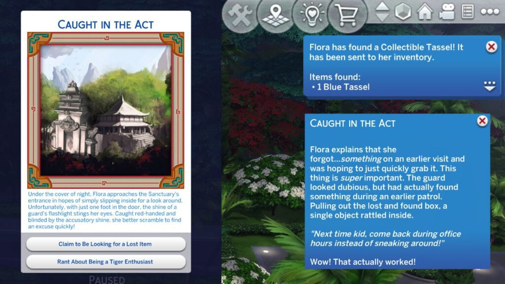 A screenshot from The Sims 4 showing a "caught in the act" action card from the tiger sanctuary 