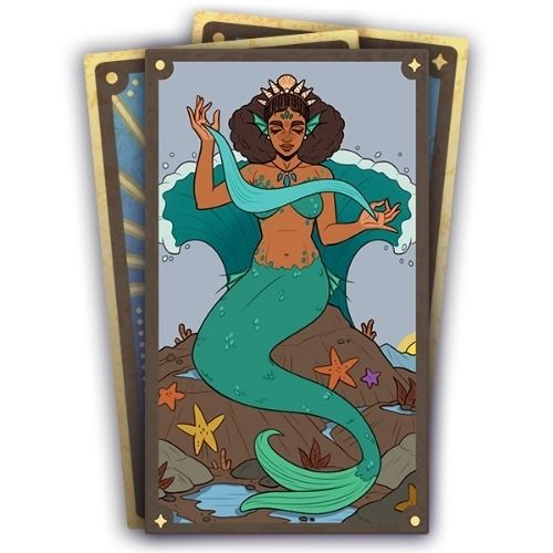 A set of three cards, the bottom two are face down. The top card has a mermaid sitting on a rock