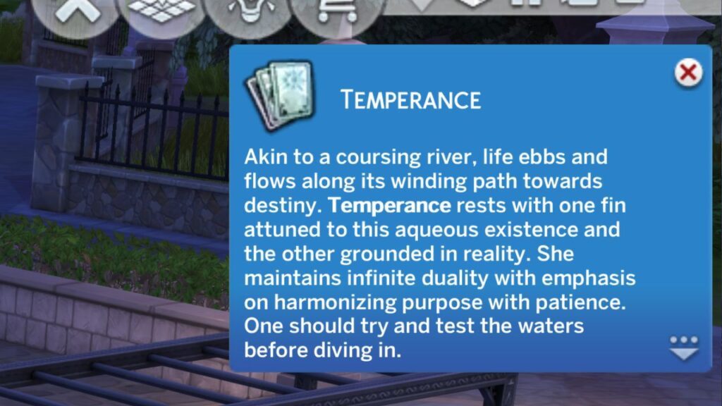 A screenshot from The Sims 4 showing the notification for finding. the temperance tarot card