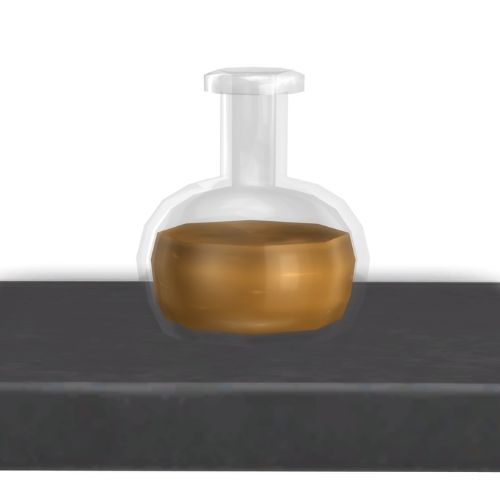 A screenshot from The Sims 4 showing a dark wooden shelf with a tense emotion potion on top