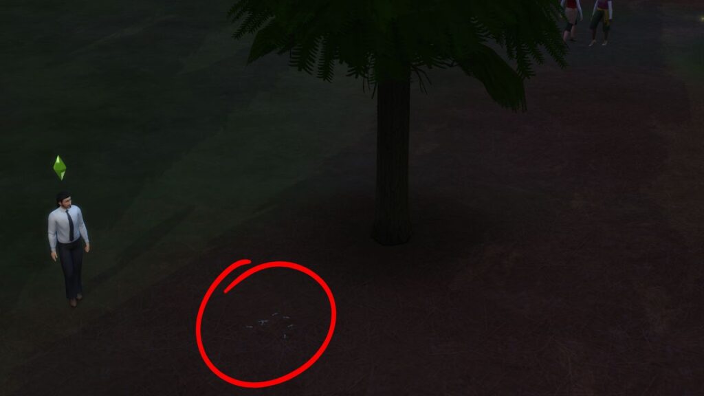 A screenshot from The Sims 4 showing a sim standing near a tree with a swarm of termites circled at the bottom