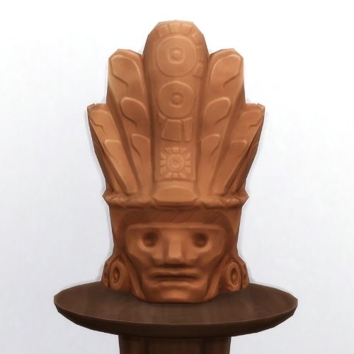 A screenshot from The Sims 4 showing a brown circle table and on top is a terracotta mask