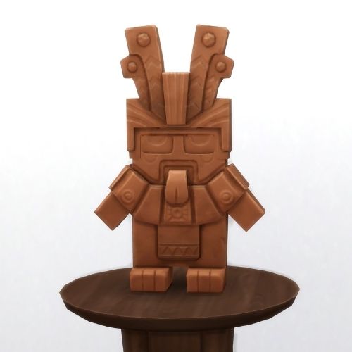 A screenshot from The Sims 4 showing a brown circle table and on top is a terracotta statue