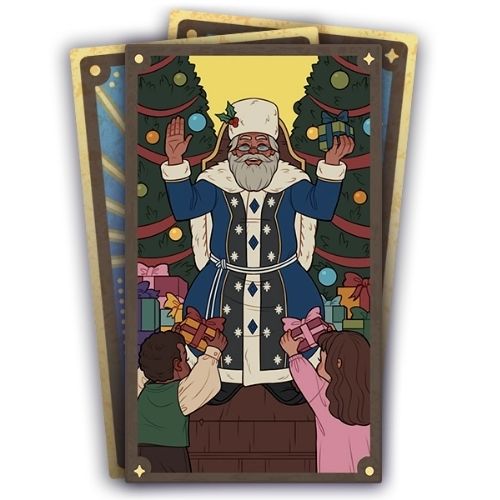 A set of three cards, the bottom two are face down. The top card has Father Winter giving kids presents