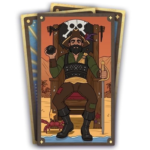 A set of three cards, the bottom two are face down. The top card has a pirate sitting in a wooden chair holding a sword 