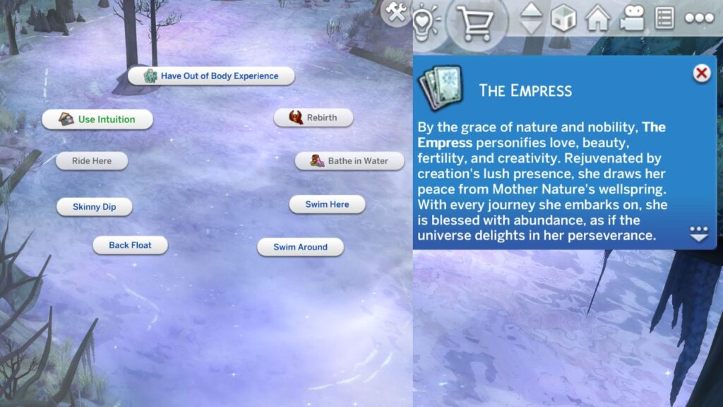 A screenshot from The Sims 4 showing how to use intuition on the baleful bog to get the empress card