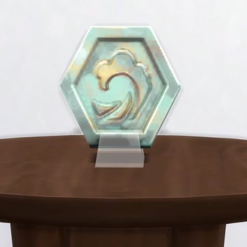 A screenshot from The Sims 4 showing a brown table with The Eyes of Sulani in dirty turquoise 