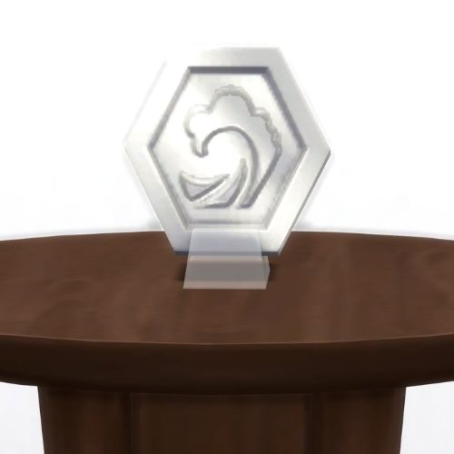 A screenshot from The Sims 4 showing a brown table with The Eyes of Sulani in silver