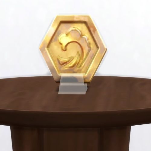A screenshot from The Sims 4 showing a brown table with The Eyes of Sulani in dirty gold
