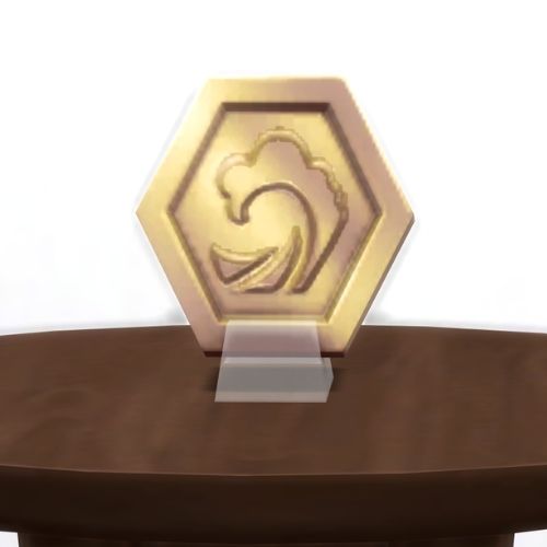 A screenshot from The Sims 4 showing a brown table with The Eyes of Sulani in bronze