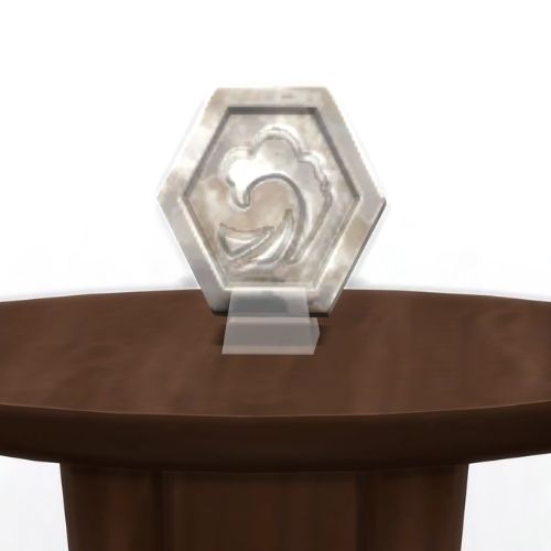 A screenshot from The Sims 4 showing a brown table with The Eyes of Sulani in dirty silver
