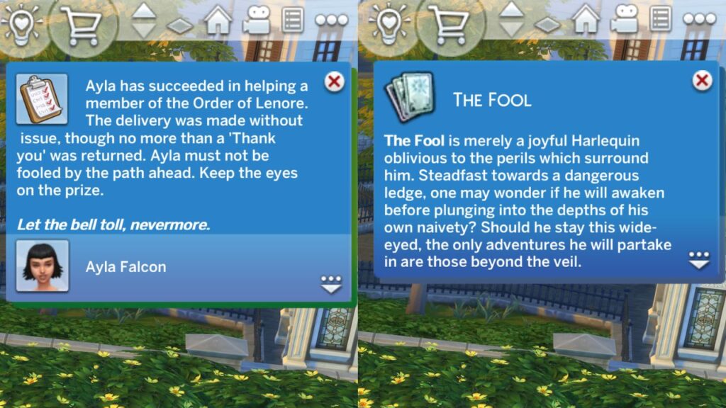 A screenshot from The Sims 4 showing the fool tarot card