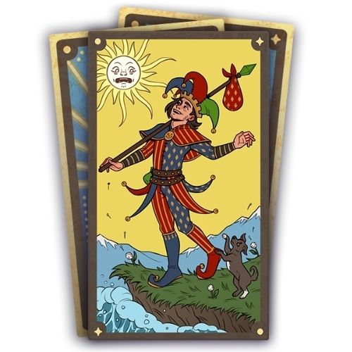 A set of three cards, the bottom two are face down. The top card has a jester standing by some water 