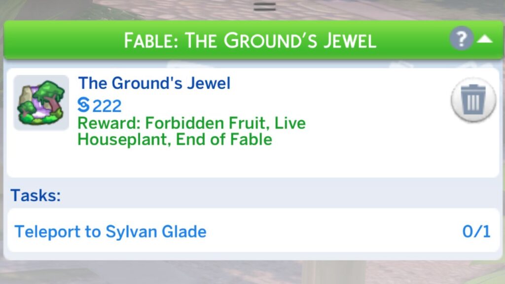 A screenshot from The Sims 4 showing the task for the ground's jewel fable