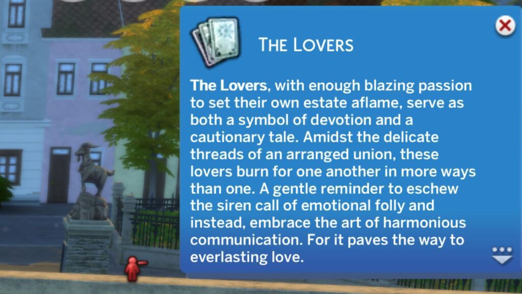 A screenshot from The Sims 4 showing the lovers tarot card notification