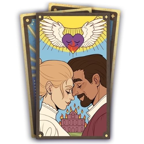 A set of three cards, the bottom two are face down. The top card has two sims holding their foreheads together with a heart above them 