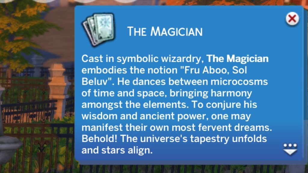 A screenshot from The Sims 4 showing the notification from getting the magician tarot card