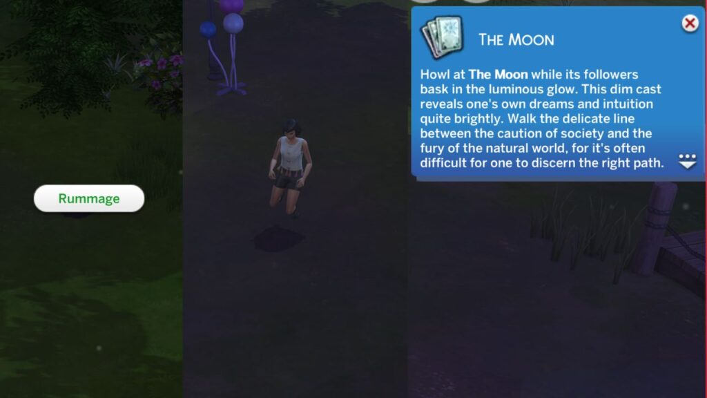 A screenshot from The Sims 4 showing how to rummage to get The Moon tarot card