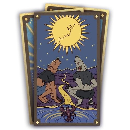 A set of three cards, the bottom two are face down. The top card has two werewolves howling at the moon 