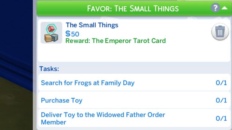 A screenshot from The Sims 4 showing the tasks for the small things favor