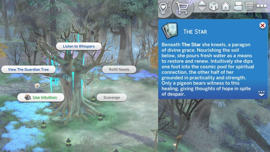 A screenshot from The Sims 4 showing how to use intuition on the whispering tree for the star