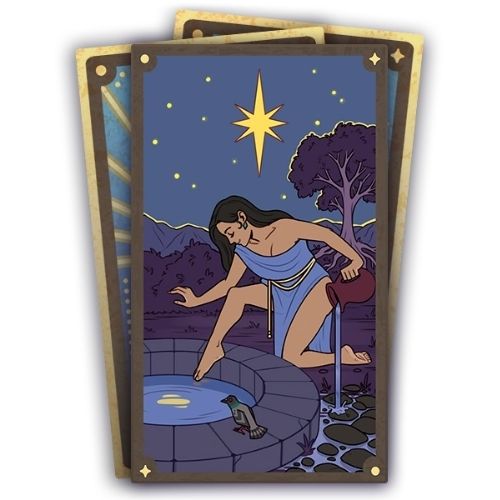 A set of three cards, the bottom two are face down. The top card has a woman stepping into a water well with a bird near them