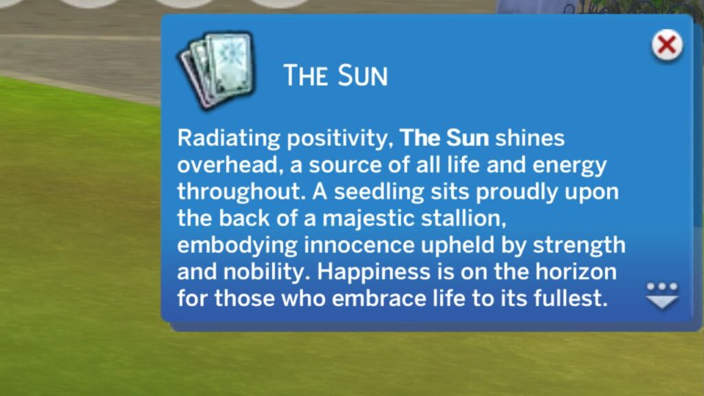 A screenshot from The Sims 4 showing the notification from getting The Sun card