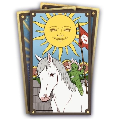 A set of three cards, the bottom two are face down. The top card has a horse with a baby plant sim riding it with the sun on top 