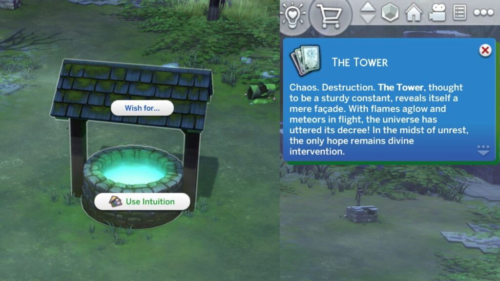 A screenshot from The Sims 4 showing how to get the tower tarot card from the well of longing and regret