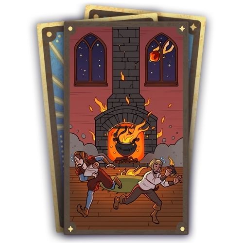 A set of three cards, the bottom two are face down. The top card has two people running from a fire and meteor 